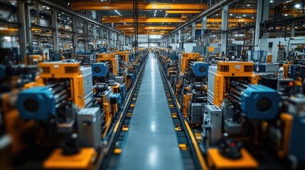 Naklejka premium Industrial manufacturing facility with machinery and assembly lines.