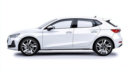 Fototapeta premium A photostock of a white compact car on a white background, modern and sleek.