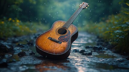 An acoustic guitar resting in a rain-soaked stream amidst nature.