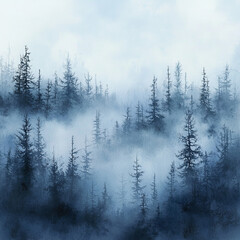 Abstract foggy forest landscape, watercolor style with soft brushstrokes, gradient blues and grays,Generative AI
