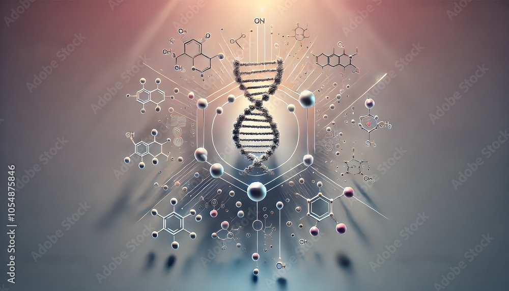 Poster A visually stunning representation of DNA, featuring molecular structures and elements that illustrate the complexity of genetic science.