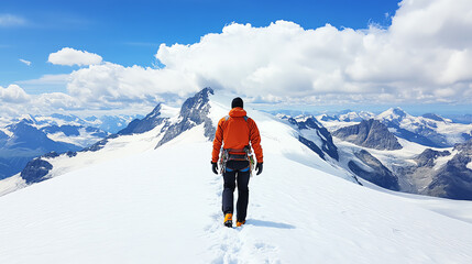 A climber wearing an orange jacket ascends a snowy mountain peak, surrounded by magnificent peaks and clouds under a bright blue sky.