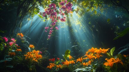Obraz premium A lush rainforest with vibrant, oversized flowers and vines, illuminated by beams of sunlight breaking through the canopy above