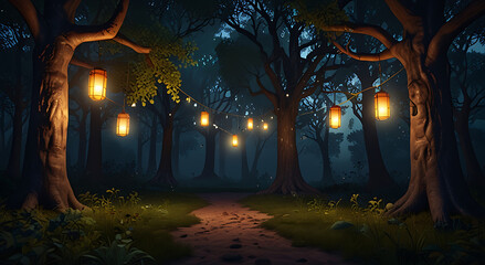  Enchanted forest at dusk with glowing floating lanterns among ancient trees, perfect as a magical game background.
