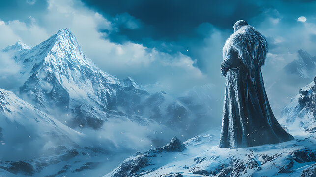 Norse pagan goddess skadi clothed in fur lined robes stood against a snow covered mountain background. Norse Frost Giant. Illustration