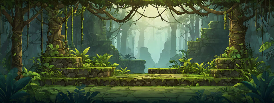 2D jungle platform background with layered trees, vines, and stone ruins, ready for an adventure or platformer game.