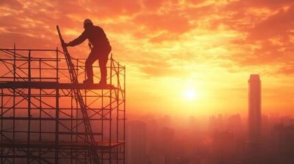 Construction worker on high scaffolding during sunset without harness creating risk of fall