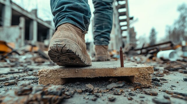 Worker stepping near exposed nail on construction site posing injury risk without proper awareness