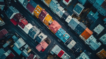 Aerial shot of Reykjaviks city center, highlighting the colorful rooftops, iconic landmarks, and the surrounding natural beauty. No people included.