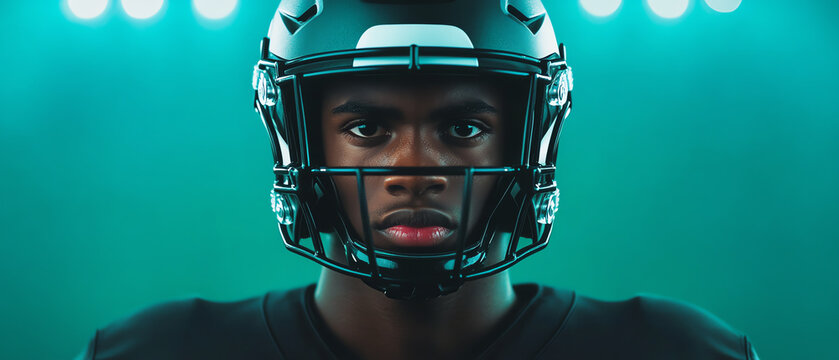 A focused football player in a helmet and jersey, staring intently with a determined expression, illuminated by bright lights in a sports arena.