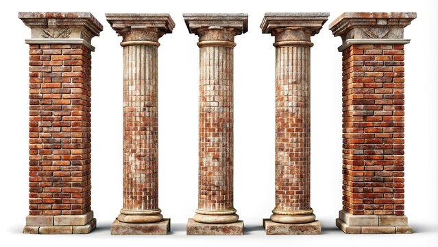 Weathered brick pillars isolated on white background