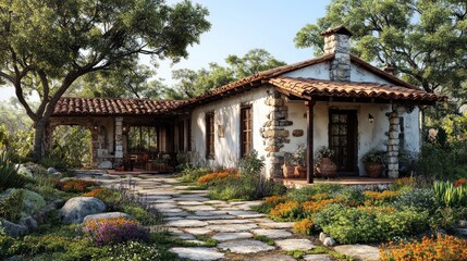 Charming rustic house surrounded by vibrant gardens and trees.