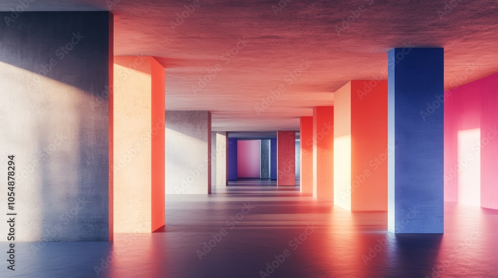 Poster multicolored columns create a captivating perspective in long hallway
