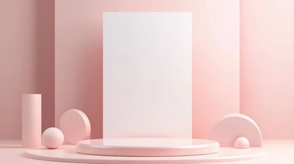 Minimalistic pink studio setting, a blank white display board with pristine white page