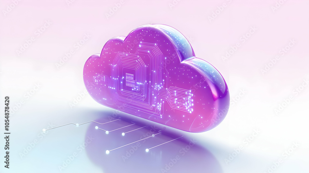 Poster 3d glossy cloud icon with circuit lines concept close up shot of glossy cloud icon with circuit line