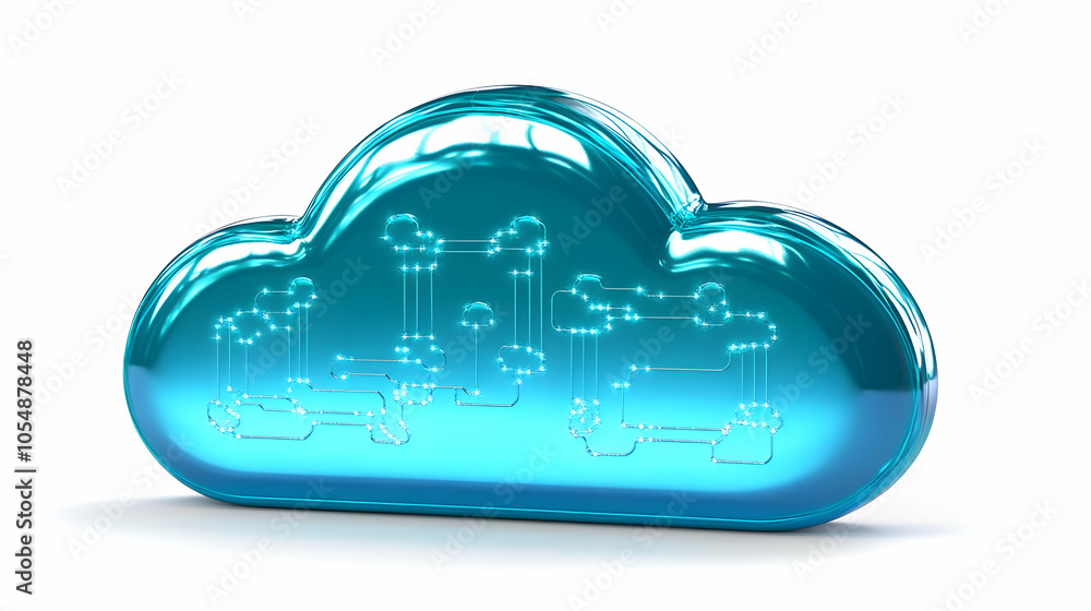 Poster 3d glossy cloud network design static shot with copy space for text or branding, highlighting develo