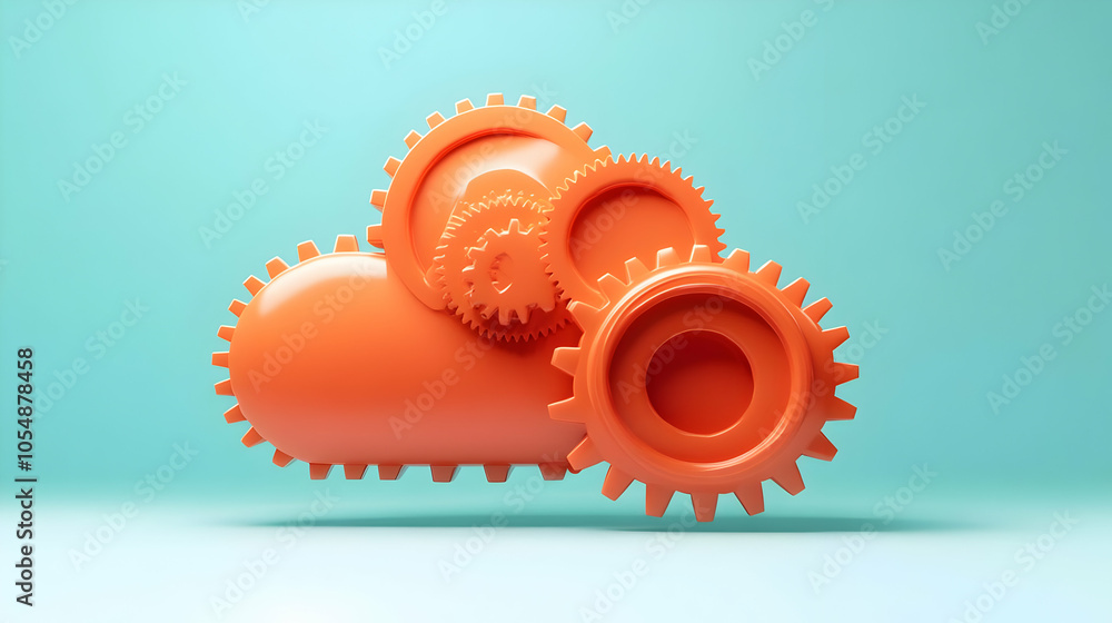 Poster 3d glossy gear cloud icon - interlocking gears forming a cloud shape on plain background with copy s