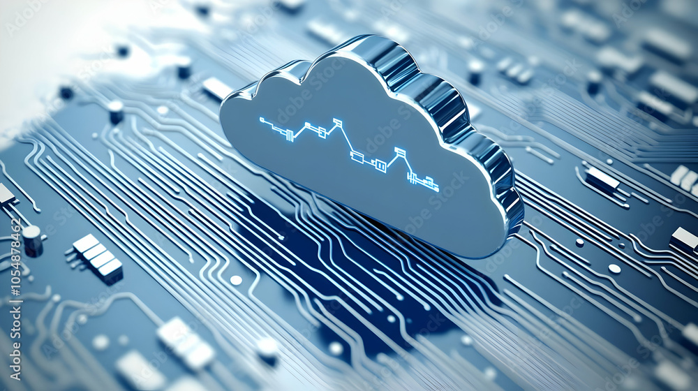 Poster 3d glossy cloud icon with circuit lines concept, close-up of cloud technology integration, developme