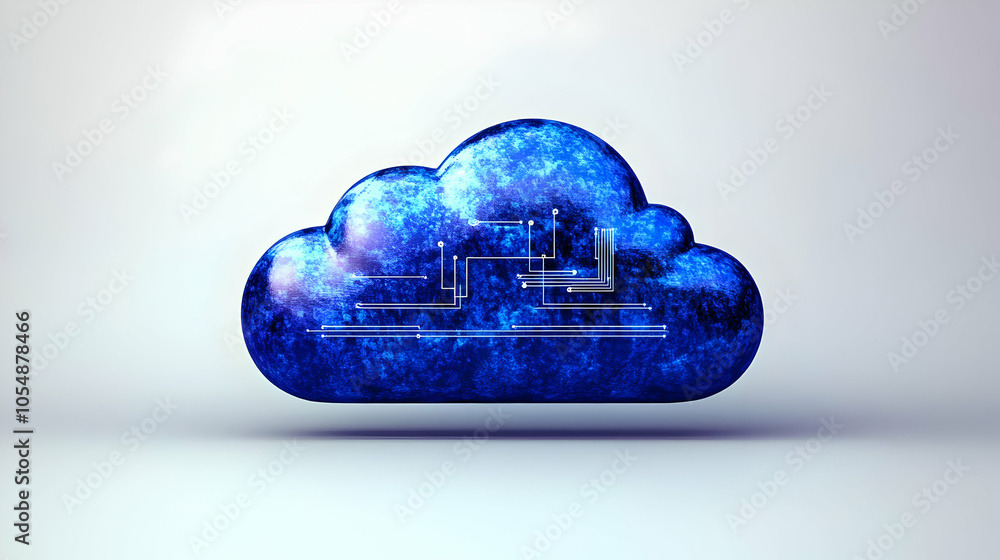 Poster 3d glossy cloud icon with circuit lines concept - close up shot of glossy cloud icon on plain backgr