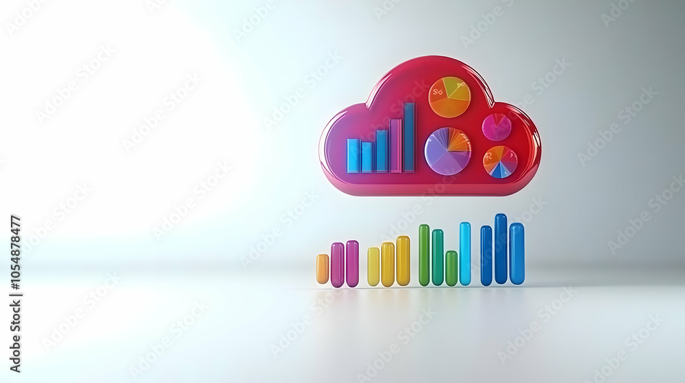 Poster 3d glossy cloud icon with analytics symbols graphs charts, camera captured concept on white backgrou