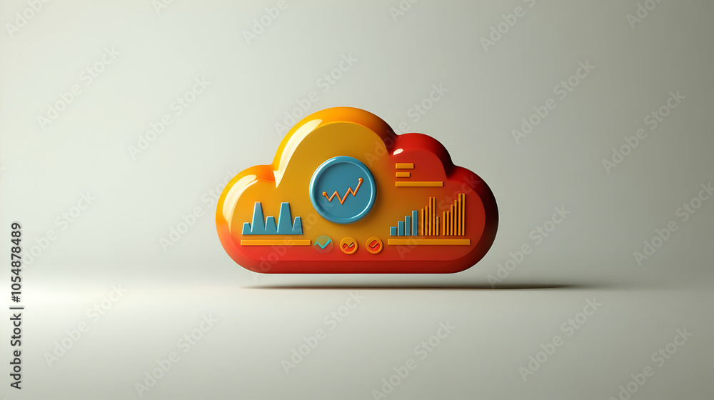Poster 3d glossy cloud with analytics symbols icon - camera captures cloud icon featuring graphs and charts