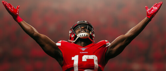 A football player celebrating in a striking red uniform, arms raised in triumph, radiating enthusiasm and team spirit, against a dramatic backdrop.