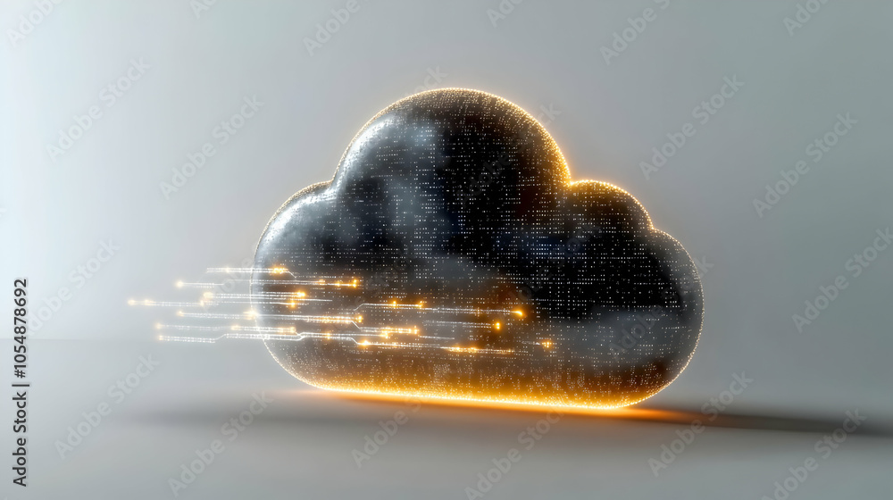Poster 3d glossy cloud icon with data streams flowing into it on plain background, symbolizing data managem