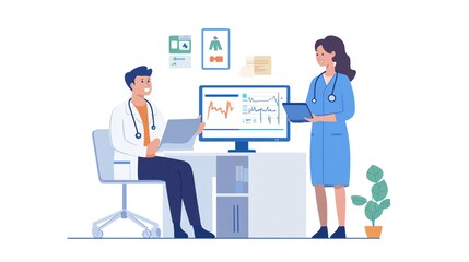 Female doctor discussing mental health with young man computer showing health graphs nurse standing nearby