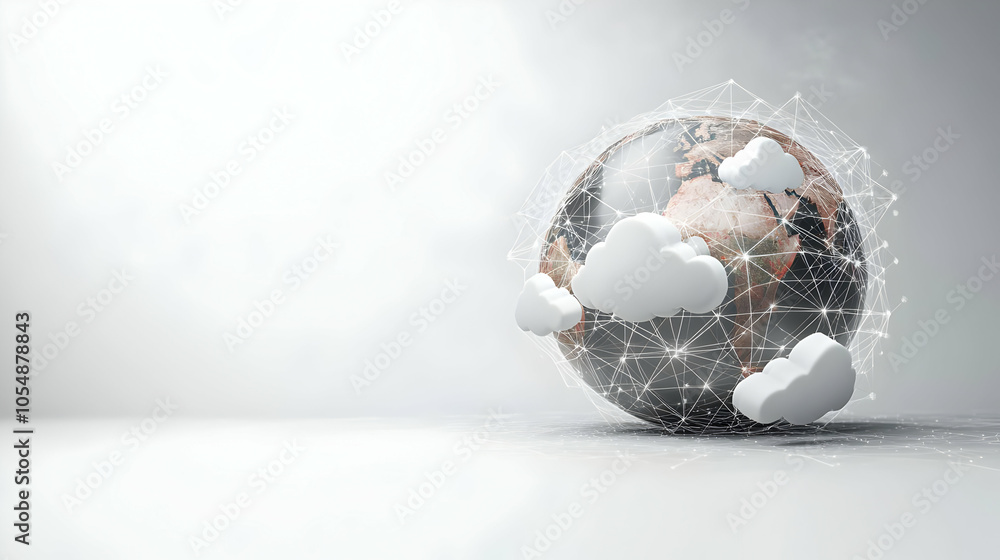 Poster 3d glossy globe cloud connections concept camera captures icon isolated white background global deve
