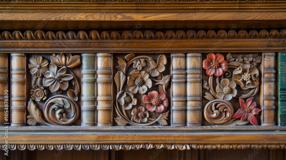 Poster an intricate design of ornate woodwork on the end panel of a bookshelf showcasing the librarys atten