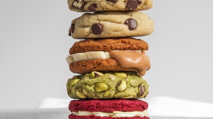 Colorful stack of cookies with different flavors and vibrant toppings