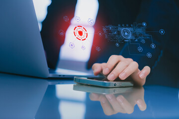 Cybersecurity identity Concept, Personal Data Security Cyber ​​Threats, Online Protection, Cyber ​​Crime, Fingerprint Authentication, Personal Data Breach, Identity Management, Encryption Technology.