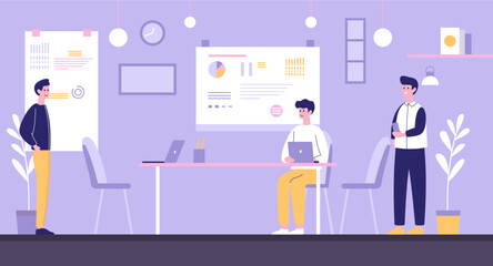 Flat Design Illustration of Teamwork Business Meeting at office with Infographic on Screen