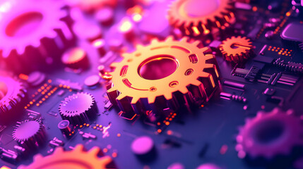 3D Glowing Holographic Gear Rotating Virtual Space Precision Robotics Engineering Expansion Wide Shot Gradient Background Copy Space Icon