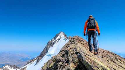 A lone hiker stands atop a majestic mountain peak, overlooking a breathtaking landscape beneath a clear blue sky, embodying adventure and exploration.