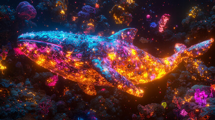 Fototapeta premium psychedelic whale swims through a vibrant cosmic reef with a fiery, colorful aura