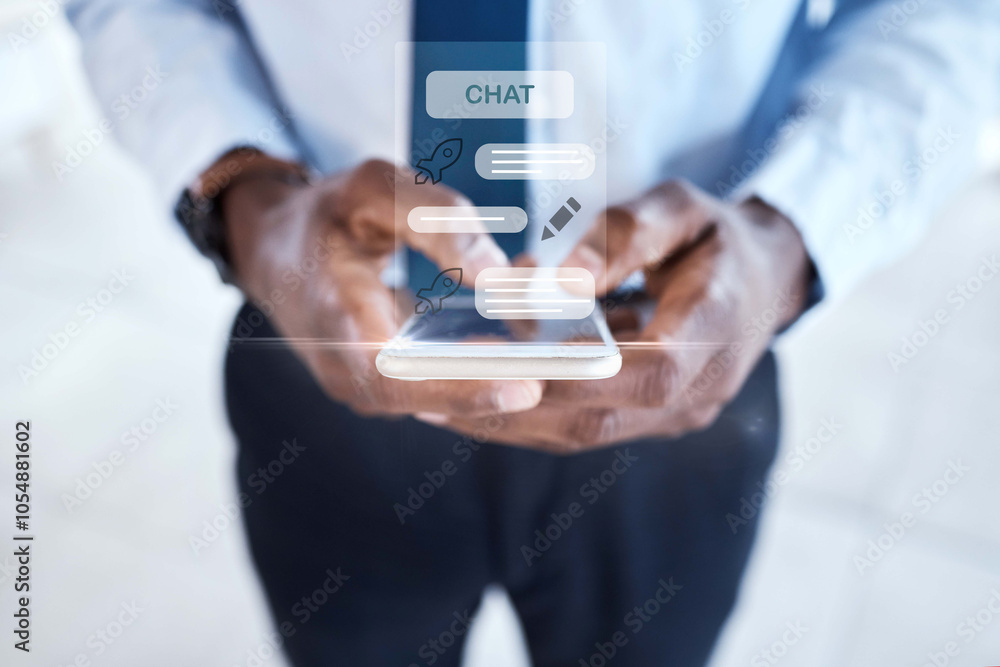 Poster businessman, hands and phone with hologram for chat, connectivity and text message icon in office. p