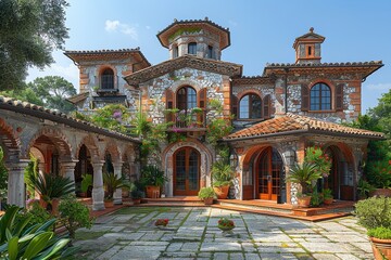 Fototapeta premium A picturesque villa featuring intricate architecture and lush greenery in a tranquil setting.