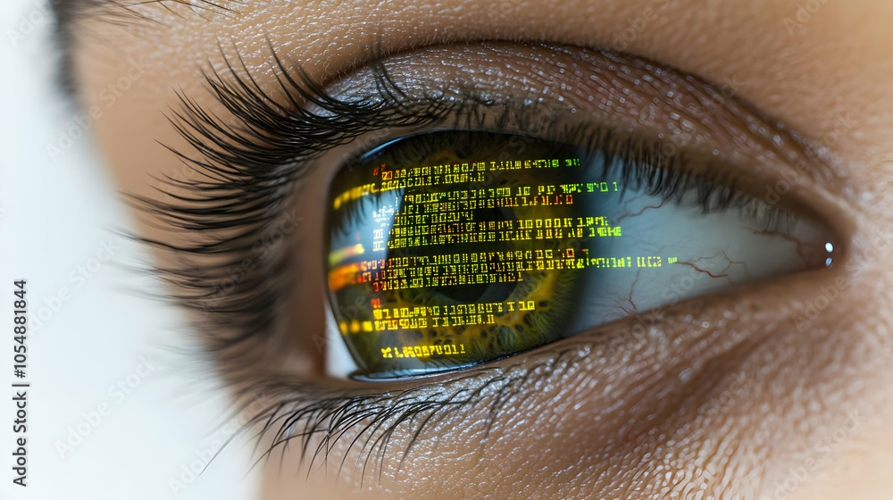 Poster 3d macro shot developer eye code reflection technology fusion close-up zoom-in concept futuristic vi