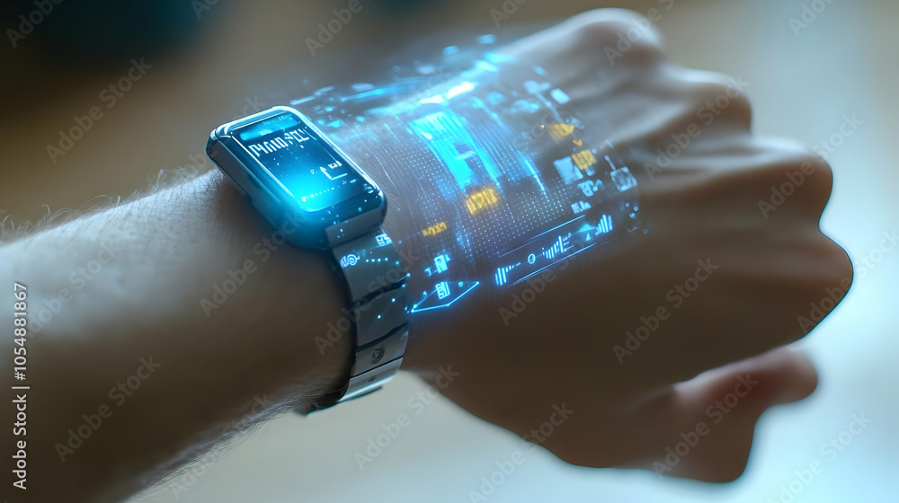Poster 3d macro shot holographic fitness tracker concept close up floating display skin texture futuristic 