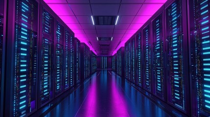 Server Room with Blue and Purple Lights