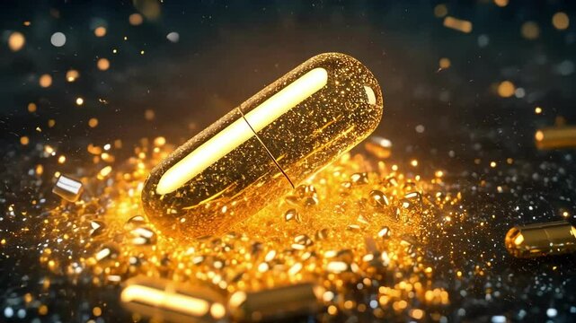Golden capsule in sparkling dark background: concepts of luxury and innovation