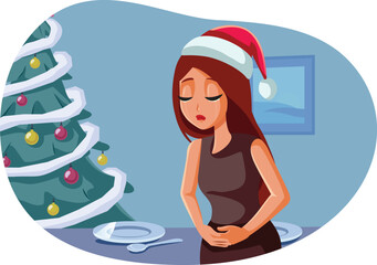 Woman Suffering from Belly Ache After Christmas Dinner Vector Cartoon Illustration. Girl feeling sick after overeating during the holidays suffering indigestion
