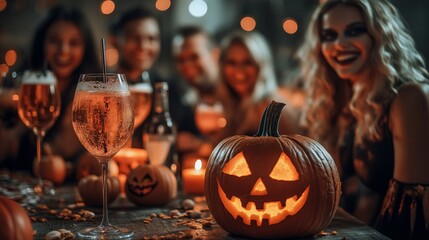 People gathered around a party table celebrating halloween with drinks and pumpkins