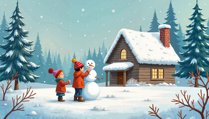 Children Joyfully Building Snowman Outside Cozy Cabin Against Snowy Forest Background