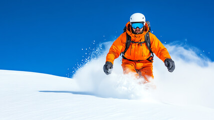A skier in an orange jacket gracefully descends a snowy slope against a vibrant blue sky, showcasing winter sports and adventure.