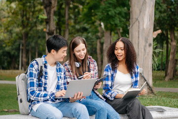 Cheerful group of diverse college students in casual attire walking together, enjoying campus life, and engaging in conversation. 
