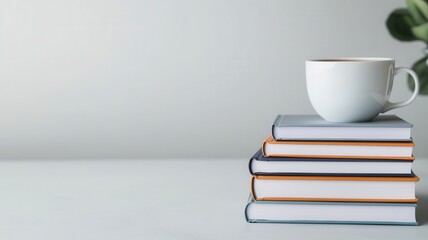 Fototapeta premium A cozy arrangement of stacked books with a white mug on top, set against a minimalist background, evokes a calm reading atmosphere.