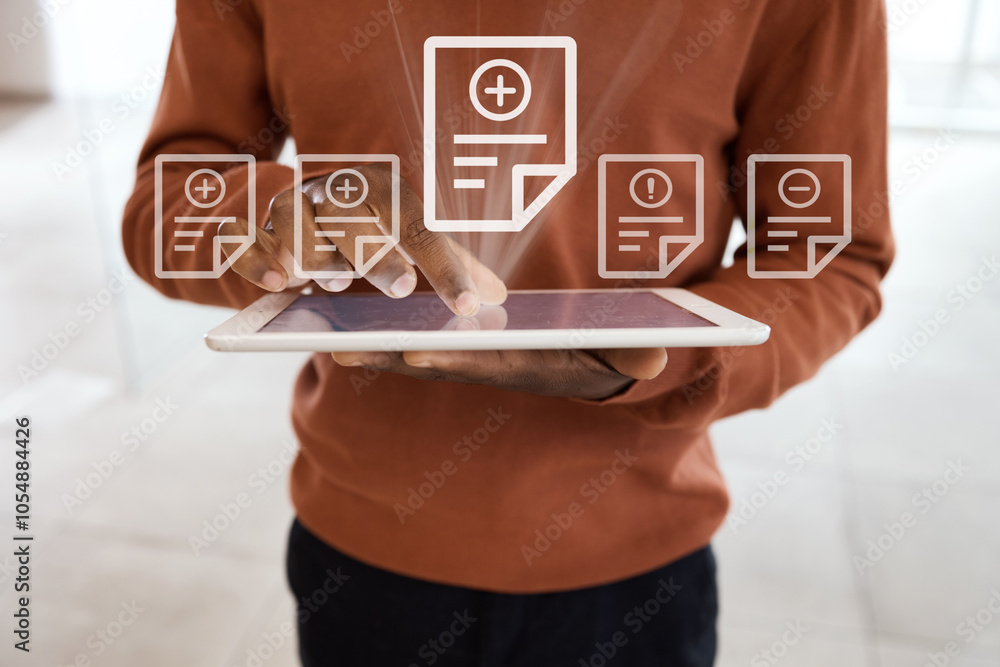 Poster Hands, business and man with tablet, icons and digital app with internet, network and typing. Closeup, employee and consultant with symbol for message, texting and connection with animation and tech