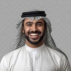 A cheerful man in traditional Middle Eastern attire smiles broadly, conveying warmth and friendliness with a neutral background.
